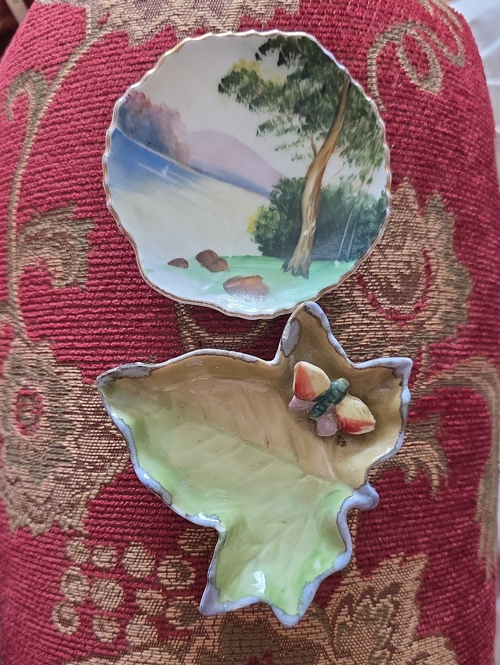 Occupied Japan Marked Old Hand-Painted Green 3d Leaf and Scenic Trinket Dish Set